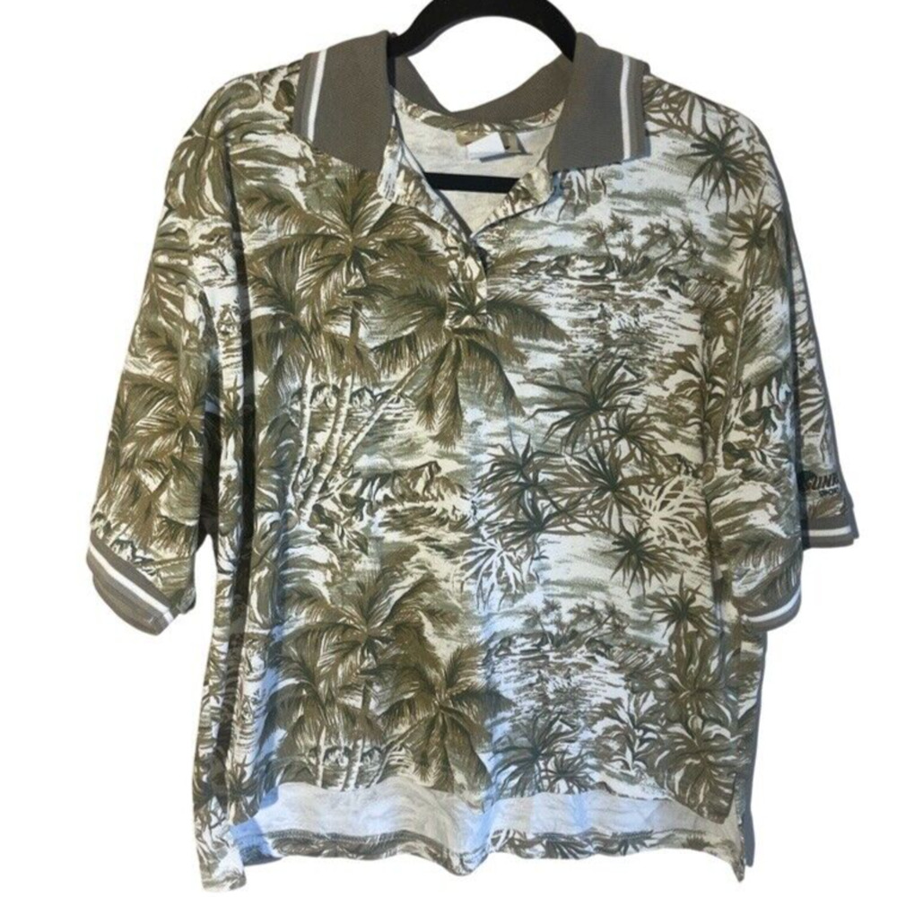 Vtg XL Sunrise Sportswear Tropical 100% Cotton Hawaiian Palm Tree Print Polo
